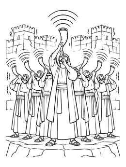 Seven priests blow horns before the walls in this battle of jericho coloring page.