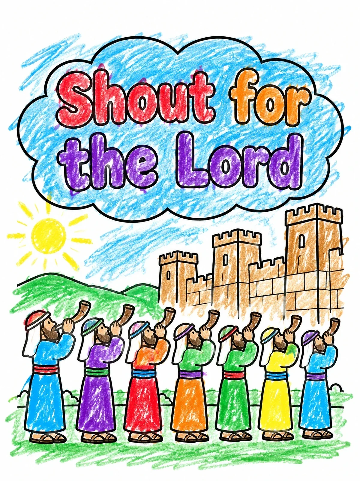 Colored example of the Seven Priests At Jericho Walls coloring page