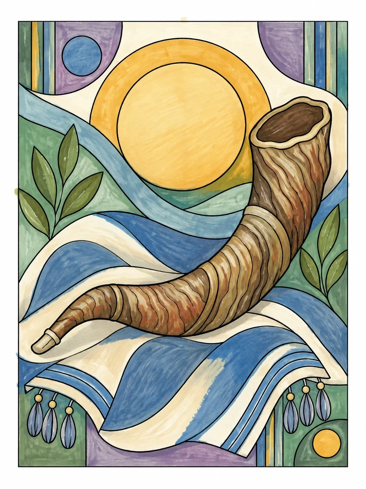 Colored example of the Shofar Horn On Ceremonial Cloth coloring page