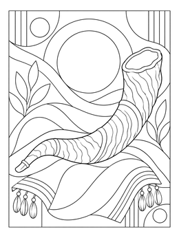 A decorative ram's horn trumpet rests on a tasseled cloth in this battle of jericho coloring page.