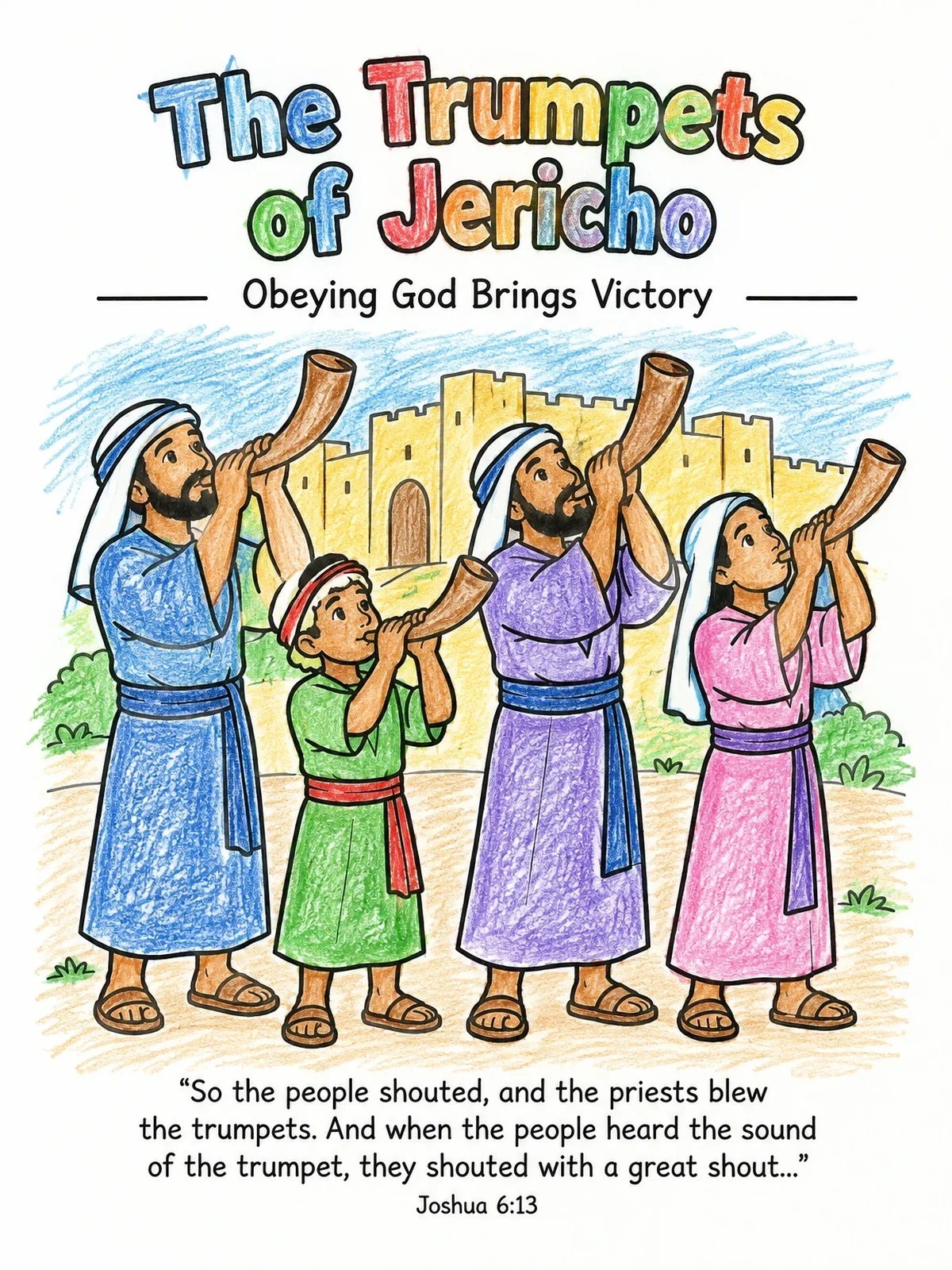 Colored example of the The Trumpets Of Jericho Sunday School coloring page