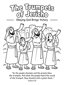 A battle of jericho coloring page with biblical figures blowing shofar horns before city walls.