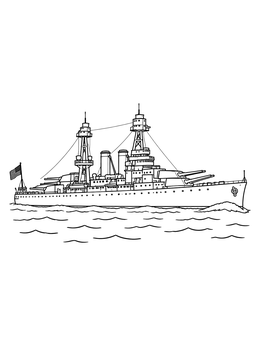 Detailed USS Arizona coloring page showing the historic battleship sailing across ocean waves.