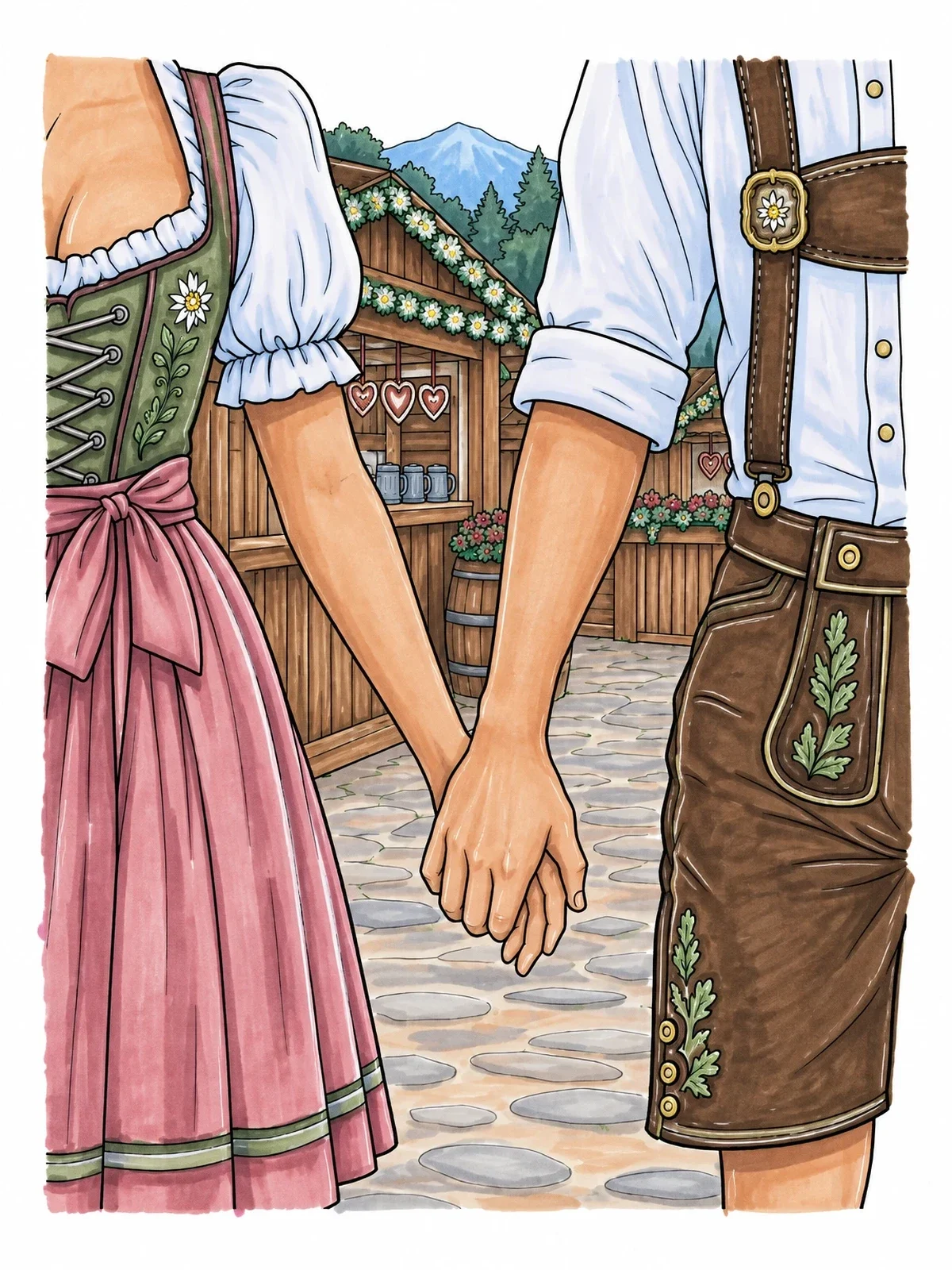 Colored example of the Bavarian Couple Holding Hands coloring page