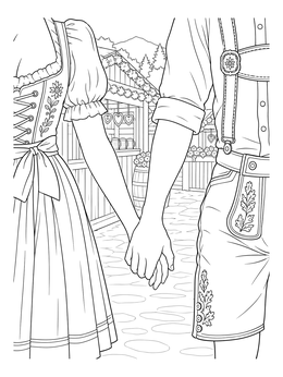 A detailed oktoberfest coloring page showing a couple in traditional clothing holding hands at a festival.