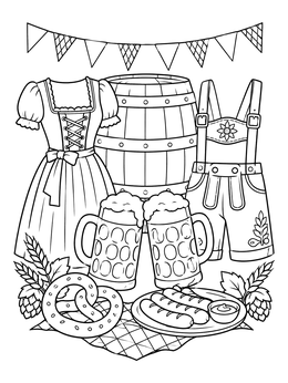 A German folk fiesta coloring page featuring a dirndl, lederhosen, beer steins, and pretzels.