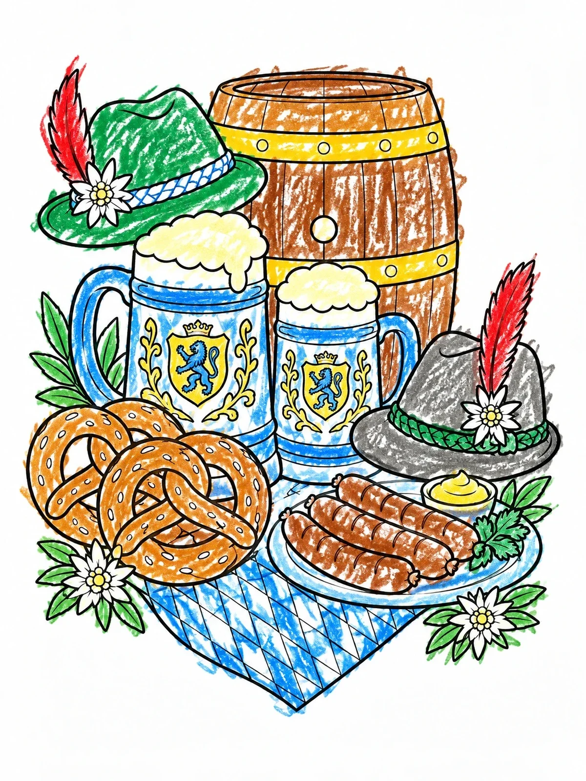 Colored example of the Bavarian Oktoberfest Festival Still Life coloring page