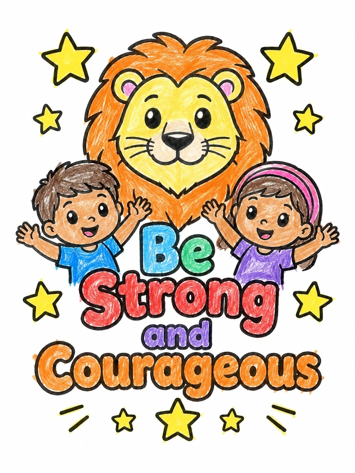 Colored example of the Be Strong And Courageous With Friendly Lion coloring page