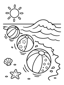 Patterned beach balls along the shore in this beach coloring page.