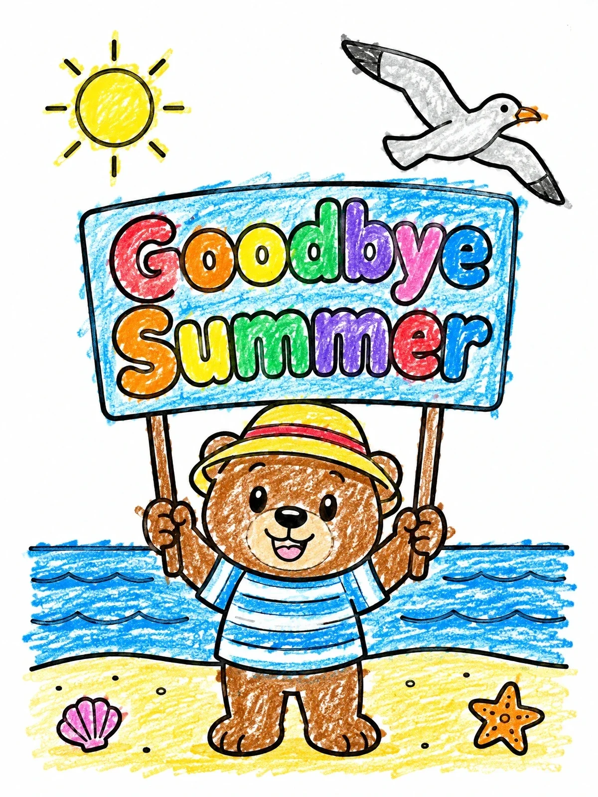 Colored example of the Beach Bear Holding Goodbye Summer Sign coloring page