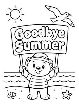 Free printable Beach Bear Holding Goodbye Summer Sign coloring page