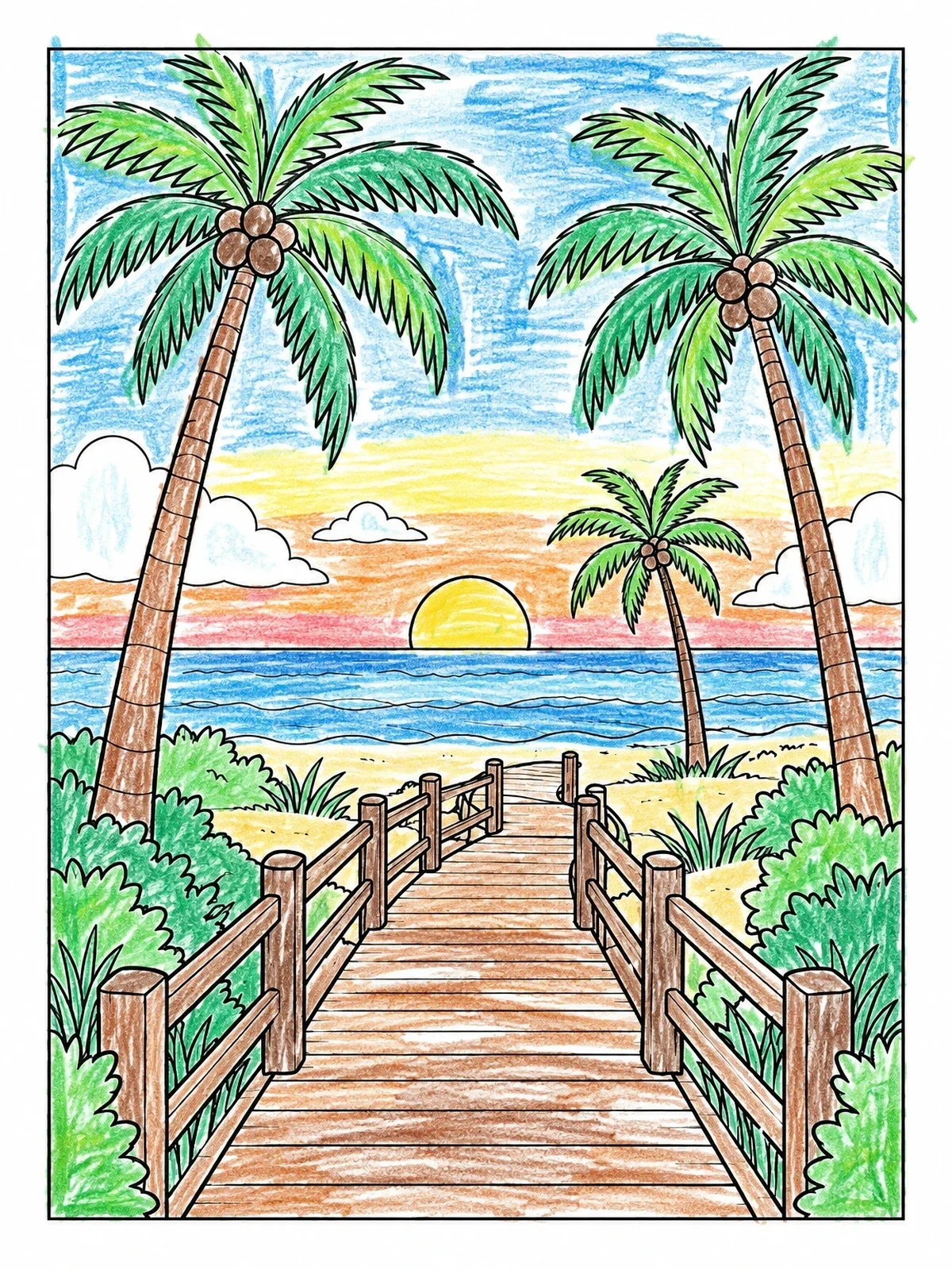 Colored example of the Beach Boardwalk And Palm Trees coloring page