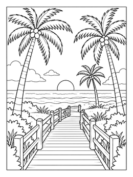 Free printable Beach Boardwalk And Palm Trees coloring page