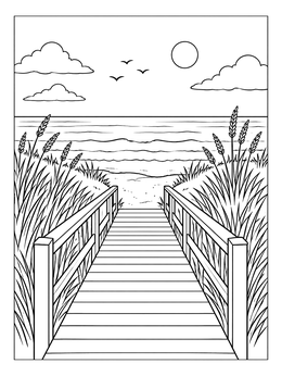 A wooden boardwalk leads through grassy dunes in this beach coloring page.