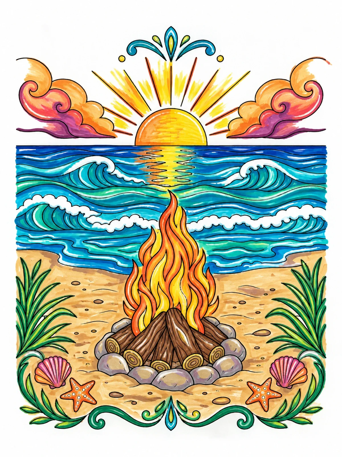 Colored example of the Beach Bonfire At Ocean Sunset coloring page