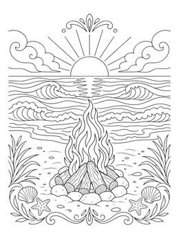 Free printable Beach Bonfire At Ocean Sunset coloring page