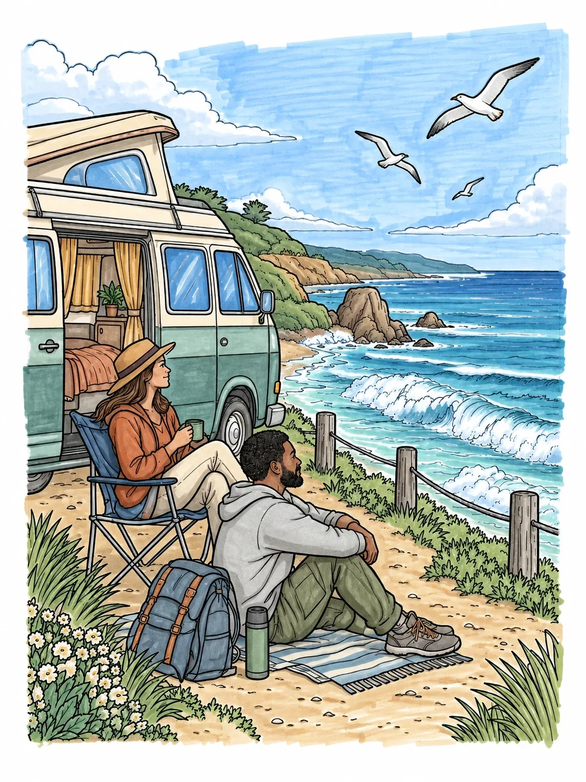 Colored example of the Camper Van On Coastal Bluff coloring page