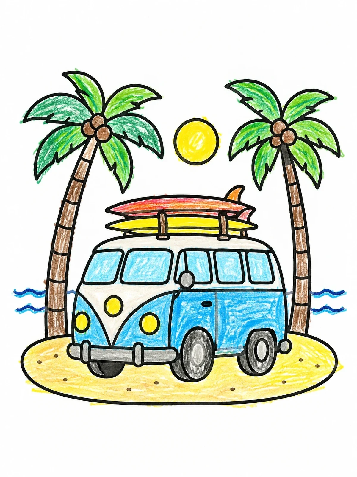 Colored example of the Beach Camper Van With Surfboards coloring page
