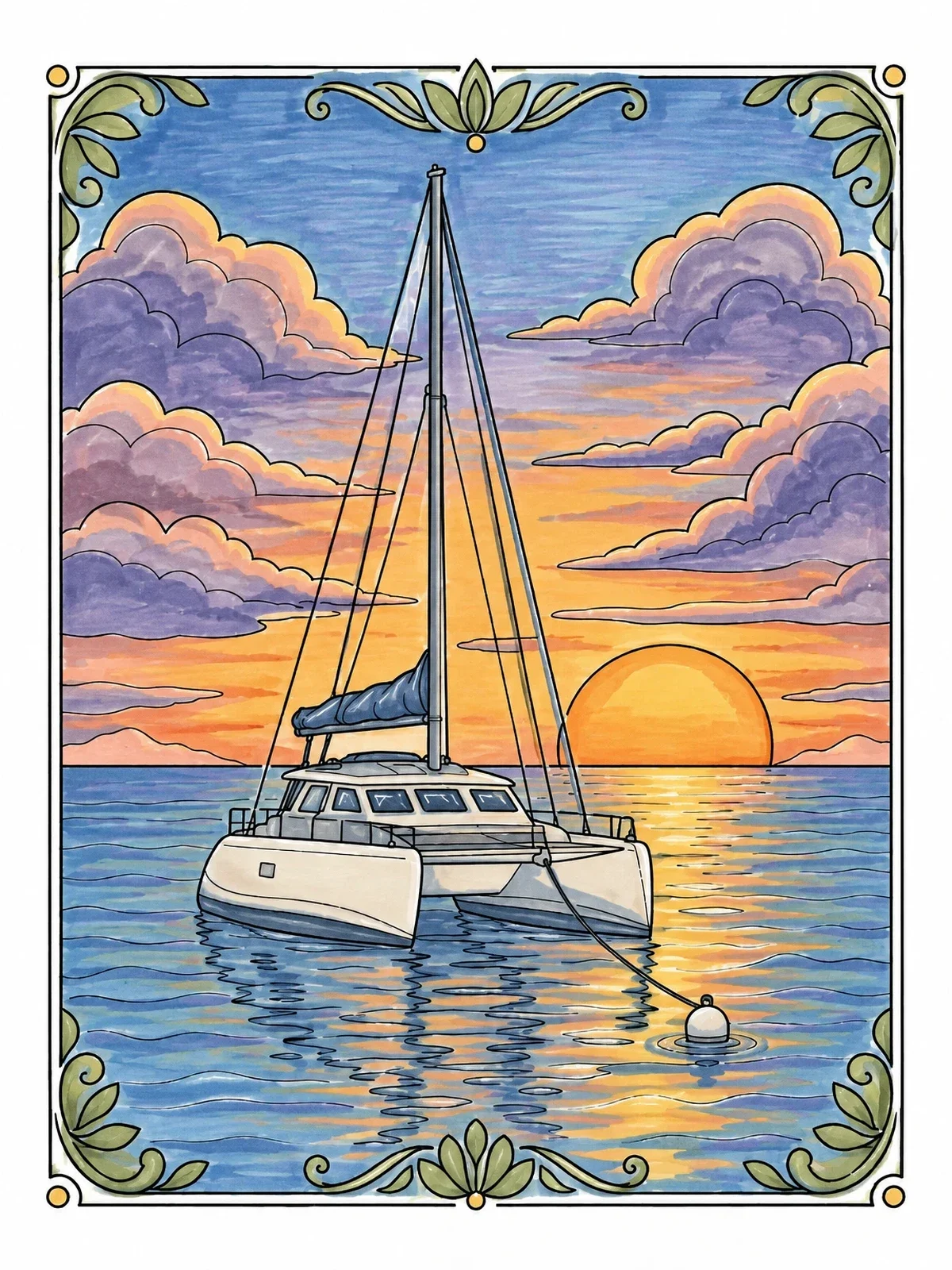 Colored example of the Catamaran Anchored At Sunset coloring page