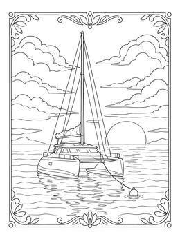Free printable Catamaran Anchored At Sunset coloring page