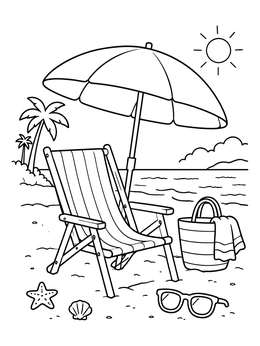 A relaxing beach coloring page featuring a folding chair, umbrella, bag, and sunglasses on the sand.