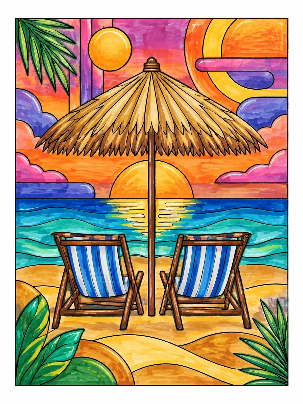 Colored example of the Beach Chairs Beneath Parasol At Sunset coloring page