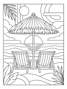 Free printable Beach Chairs Beneath Parasol At Sunset coloring page