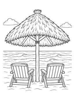 Two wooden lounge chairs rest under a thatched umbrella in this beach coloring page.