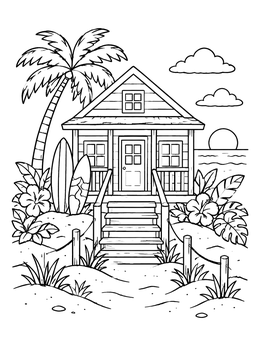 Free printable Beach Cottage With Surfboards And Palms coloring page