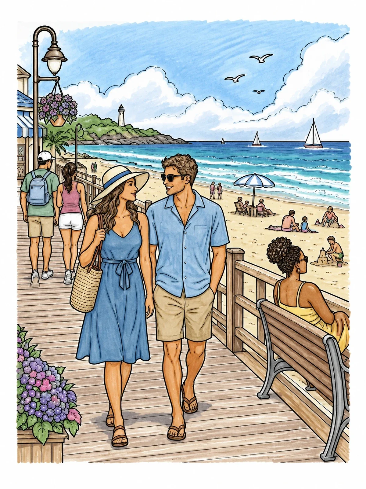 Colored example of the Couple Walking On Seaside Boardwalk coloring page