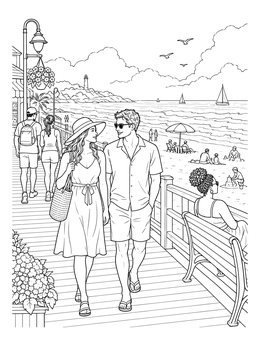 Free printable Couple Walking On Seaside Boardwalk coloring page