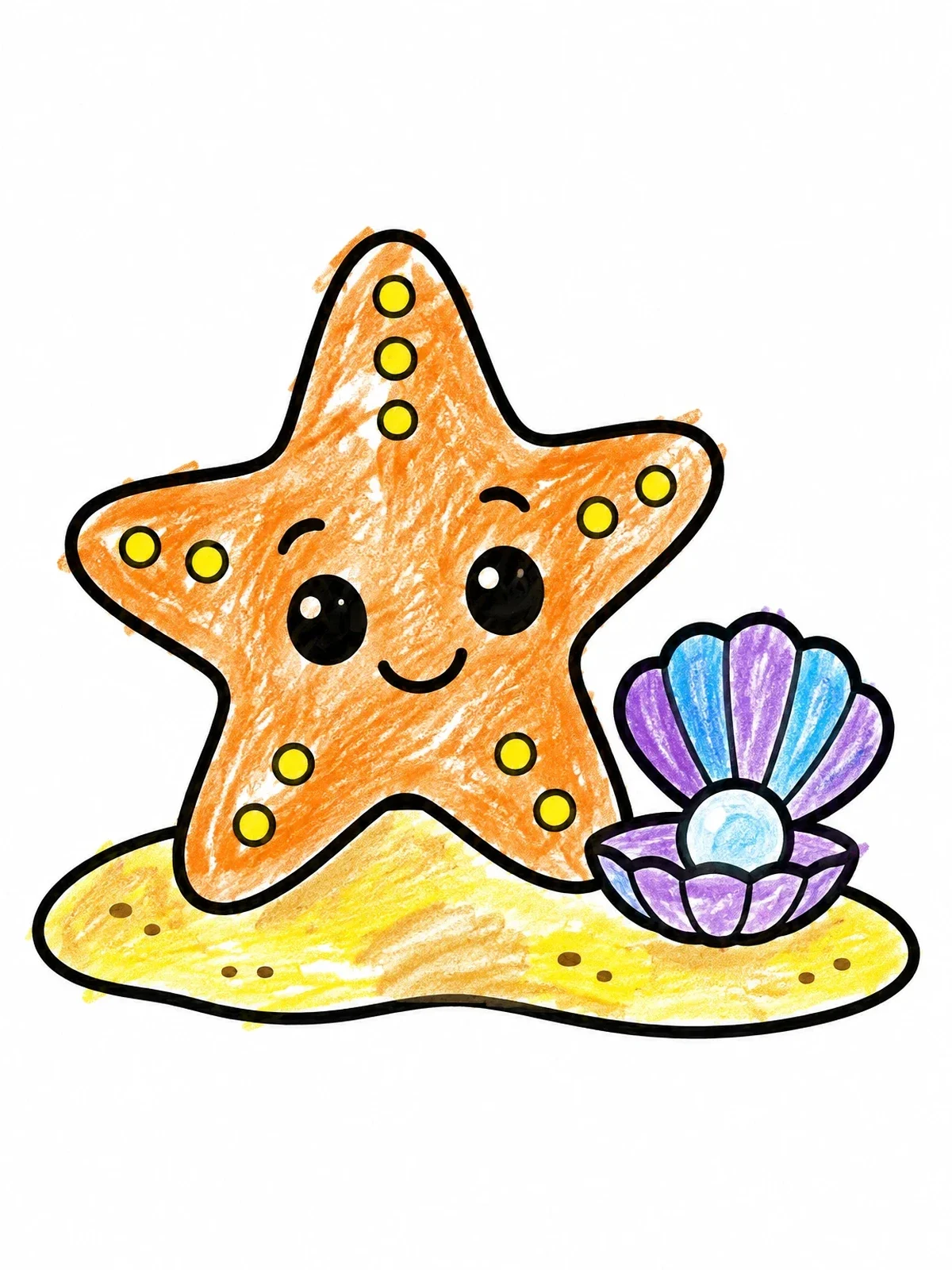 Colored example of the Cute Starfish And Open Seashell coloring page