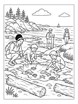 A family exploring marine life by the water in this beach coloring page.