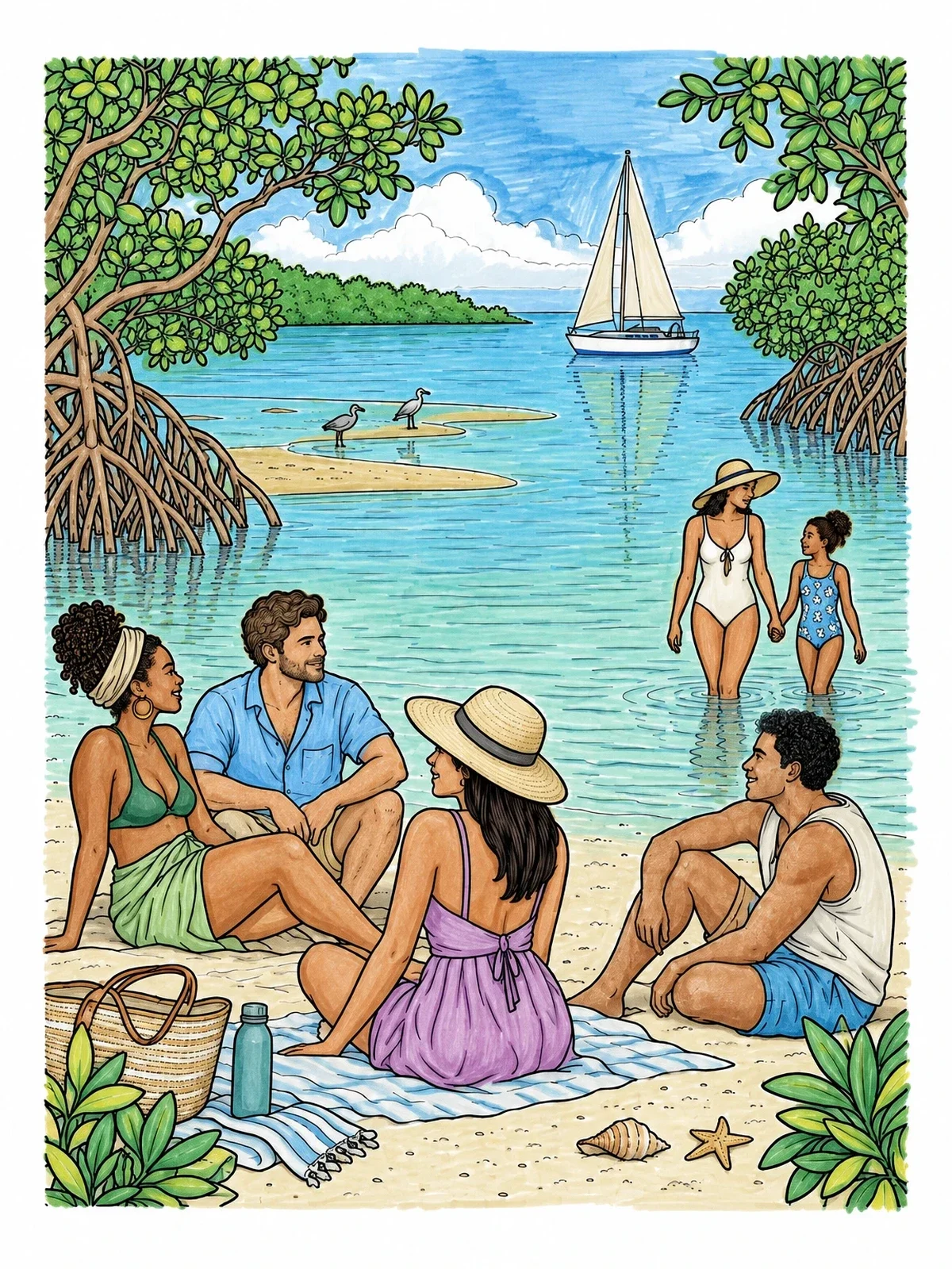 Colored example of the Friends Relaxing By Mangrove Bay coloring page