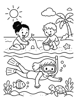 Kids build sandcastles while a girl snorkels in this split-view beach coloring page.