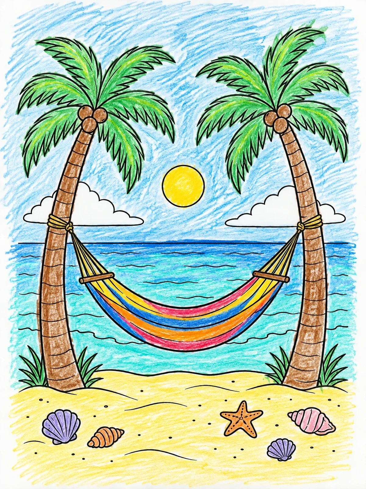Colored example of the Beach Hammock Between Palm Trees coloring page