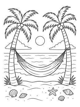 Free printable Beach Hammock Between Palm Trees coloring page