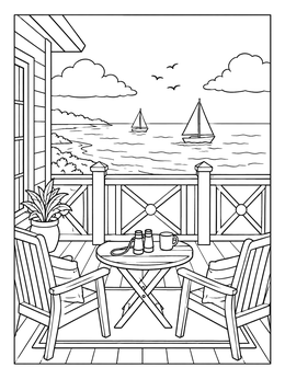 A serene beach house coloring page showing a wooden balcony with chairs, binoculars, and sailboats on the sea.