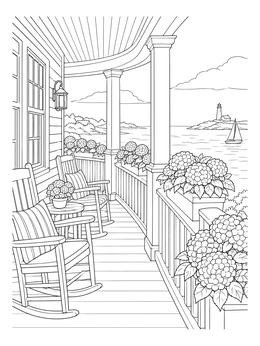 A serene beach house coloring page showing rocking chairs on a porch overlooking the ocean.