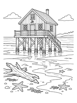 A rustic stilt beach house coloring page with starfish and driftwood along the shore.