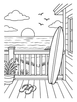 Relaxing porch view on a beach house coloring page with surfboard and flip-flops.