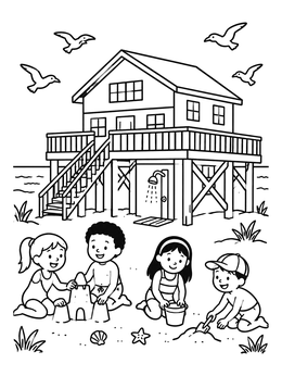 Free printable Beach House With Playing Kids coloring page