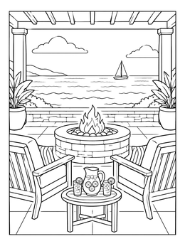 A cozy beach house coloring page with an oceanfront patio, fire pit, and lemonade.
