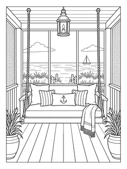 A cozy beach house coloring page showing a porch daybed swing overlooking the ocean.