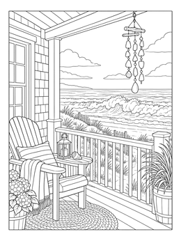 Coastal porch overlooking waves in this beach house coloring page.