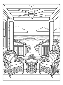 A sunny beach house coloring page showing wicker chairs on a porch overlooking the sea.