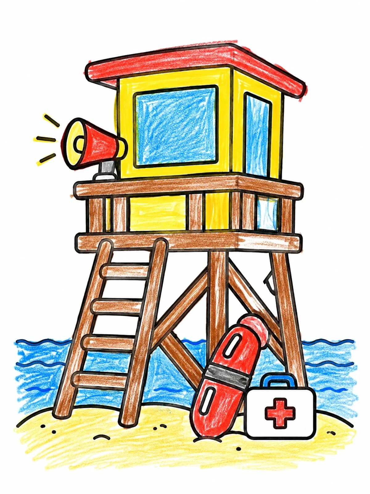 Colored example of the Beach Lifeguard Tower And Equipment coloring page