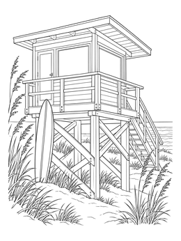 A detailed lifeguard coloring page showing a wooden lookout tower and surfboard beside dunes.