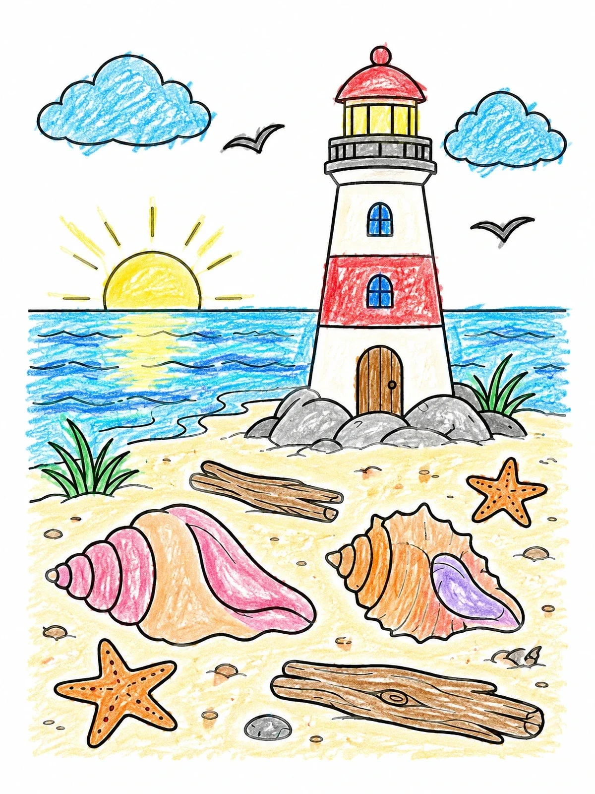 Colored example of the Beach Lighthouse With Seashells And Starfish coloring page