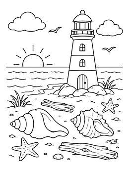 Free printable Beach Lighthouse With Seashells And Starfish coloring page